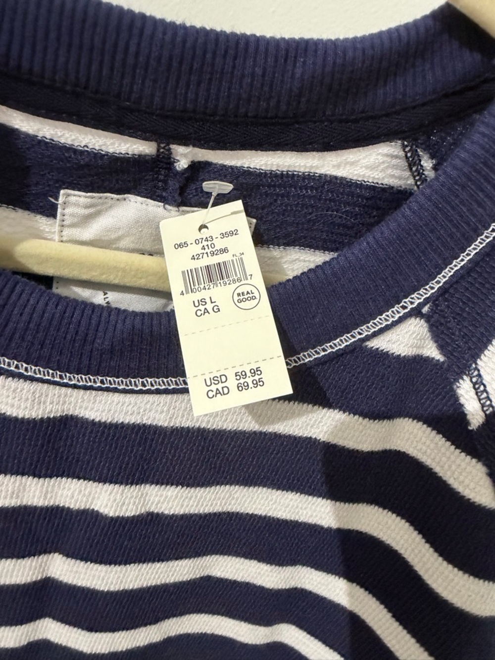 aerie Navy and White East West Crew Sweatshirt Striped Crewneck Pullover Size L - Picture 7 of 7